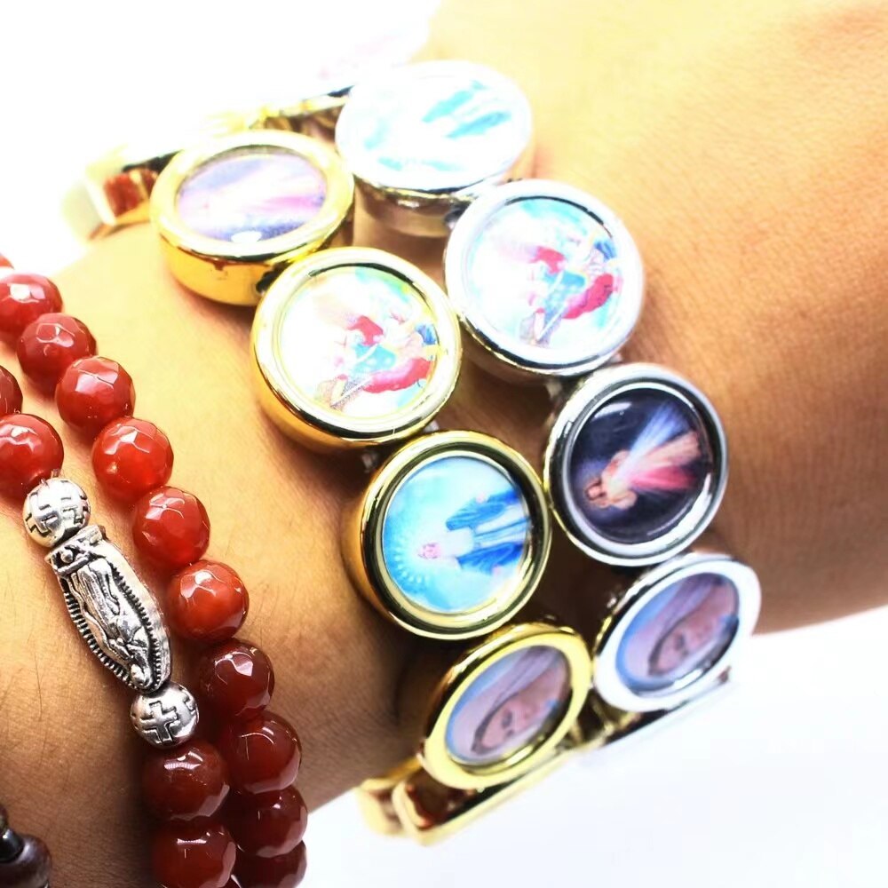 Catholic Christian Charm Bracelet Holy Saints Mary Jesus Random Sticker Elastic Bracelet Religious Ornaments