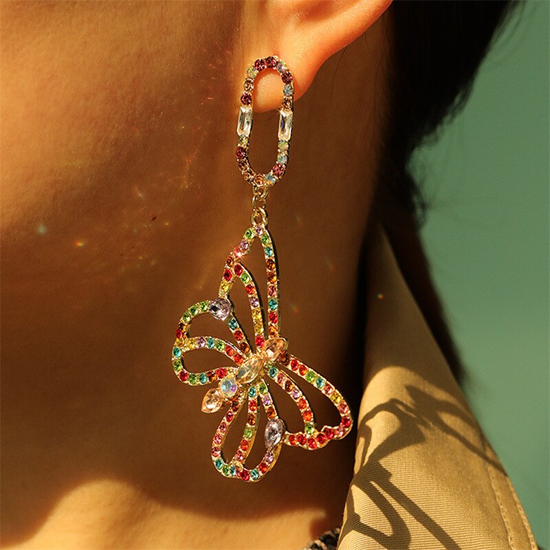 Women's Colorful Rhinestone Butterfly Heart Earrings