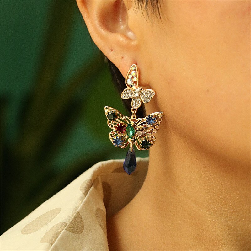 Women's Colorful Rhinestone Butterfly Heart Earrings