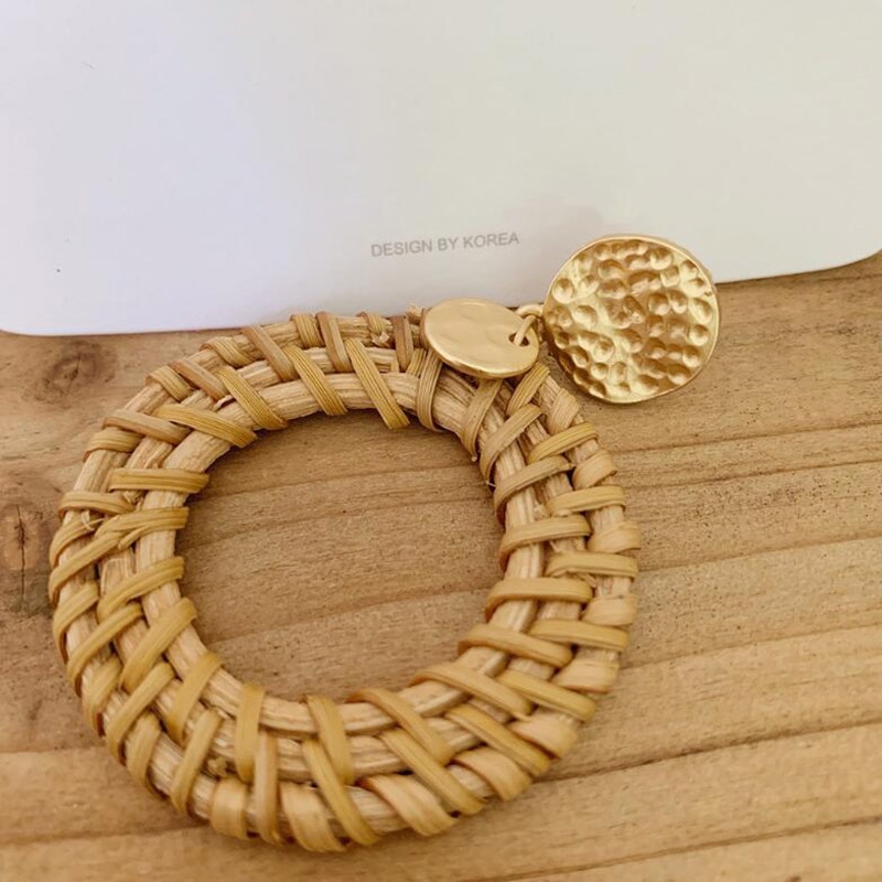 New Design Handmade Wooden Straw Weave Rattan Hollow Circle Drop Earrings