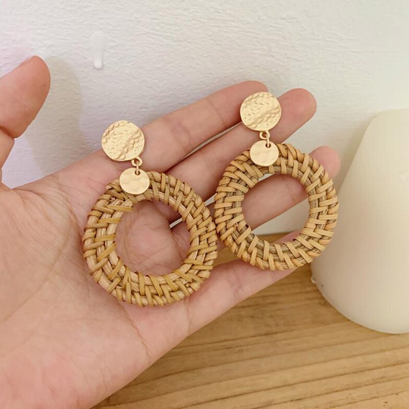 New Design Handmade Wooden Straw Weave Rattan Hollow Circle Drop Earrings