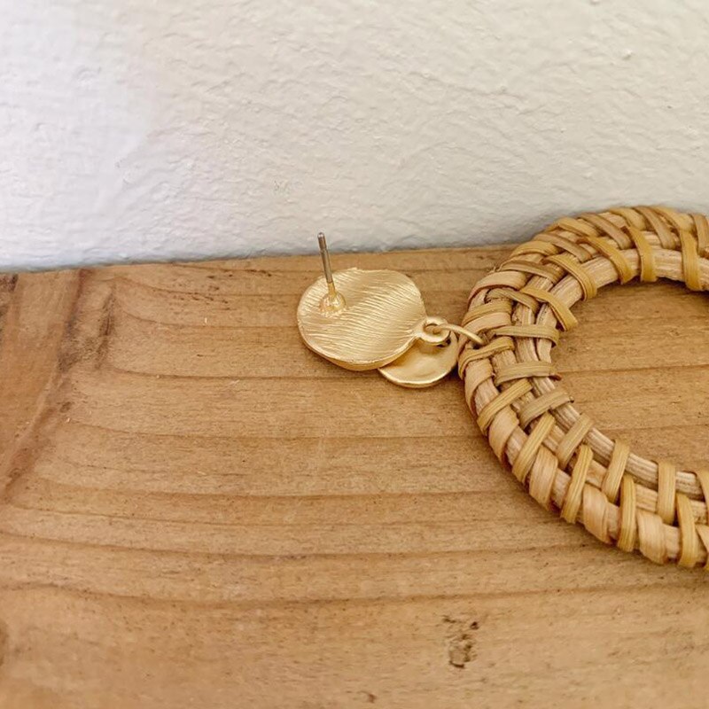 New Design Handmade Wooden Straw Weave Rattan Hollow Circle Drop Earrings