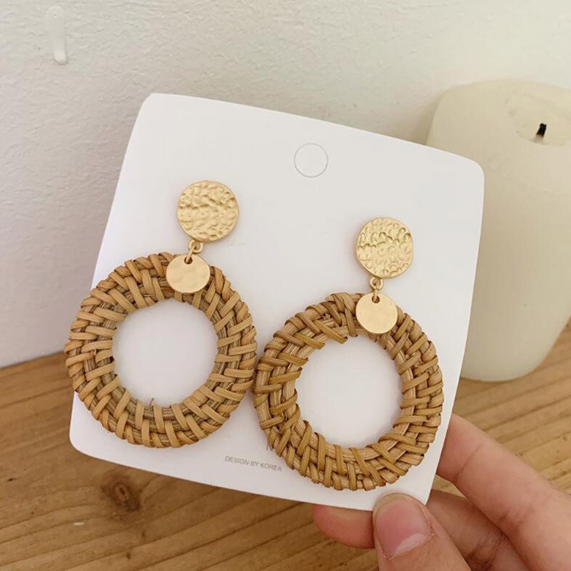 New Design Handmade Wooden Straw Weave Rattan Hollow Circle Drop Earrings