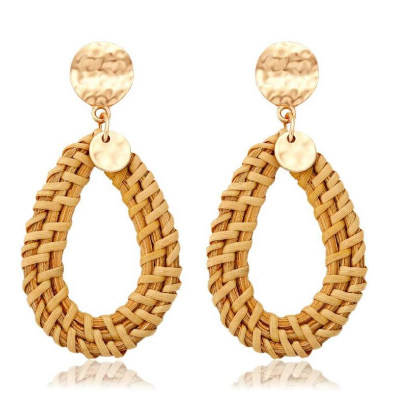 New Design Handmade Wooden Straw Weave Rattan Hollow Circle Drop Earrings