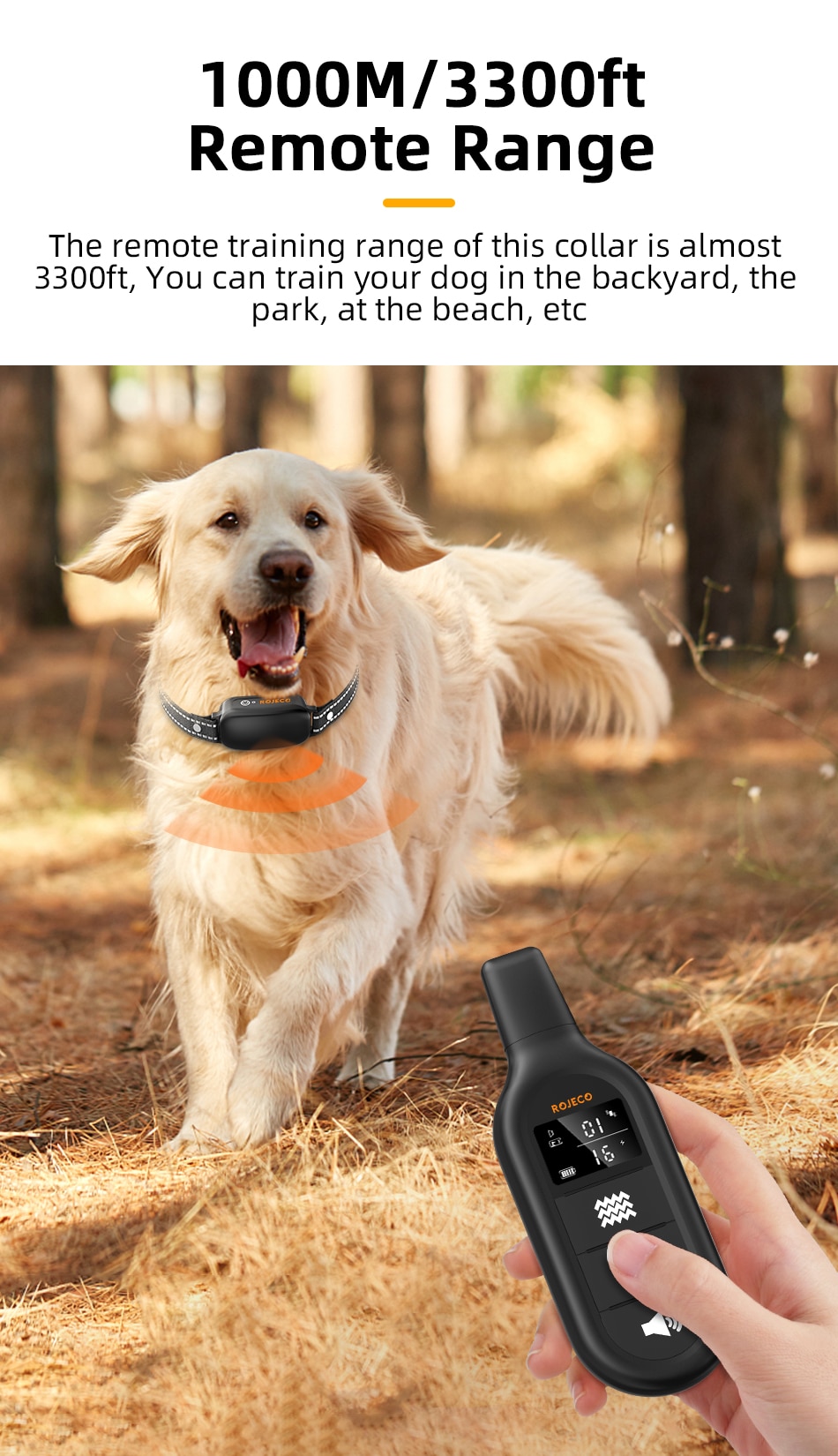 ROJECO Electric Dog Training Collar 3300ft Remote Control IPX7 Waterproof Vibrator Electric Pet Puppy Dog Bark Stop Shock Collar