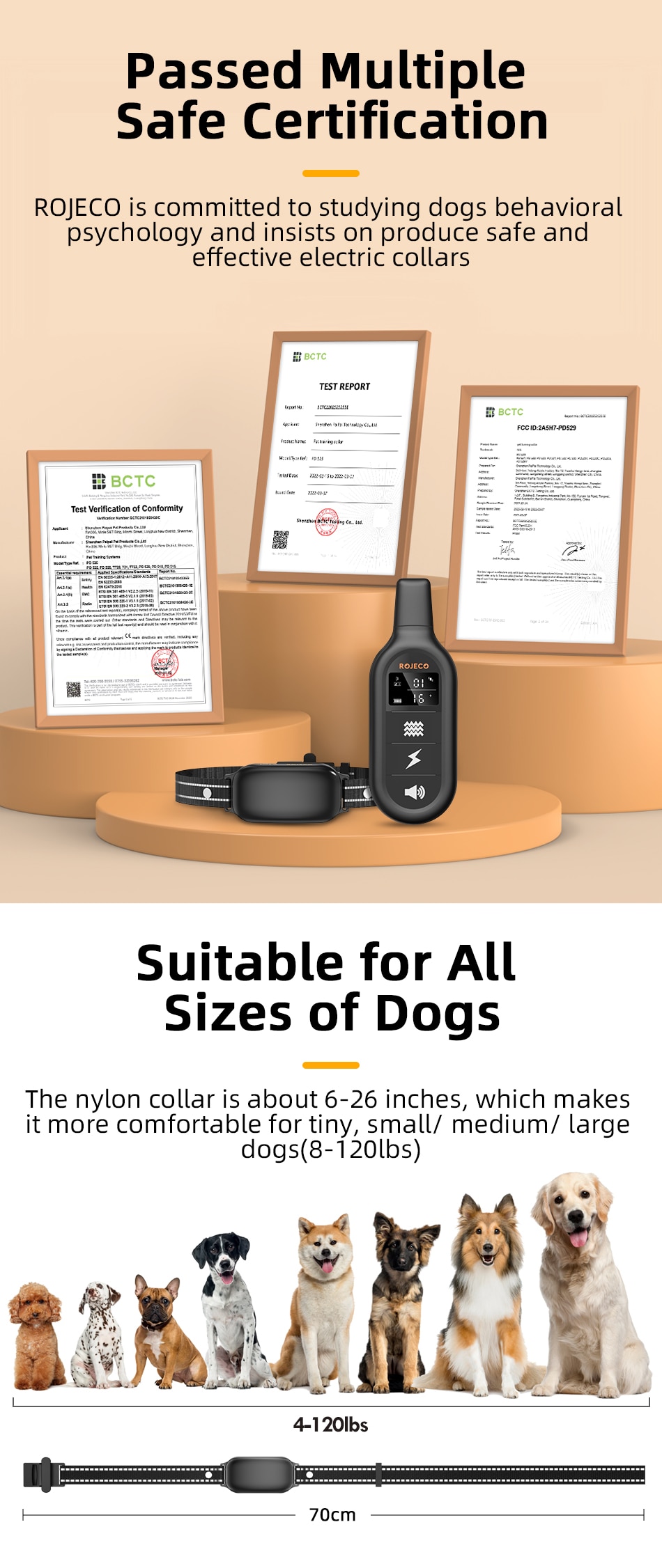 ROJECO Electric Dog Training Collar 3300ft Remote Control IPX7 Waterproof Vibrator Electric Pet Puppy Dog Bark Stop Shock Collar