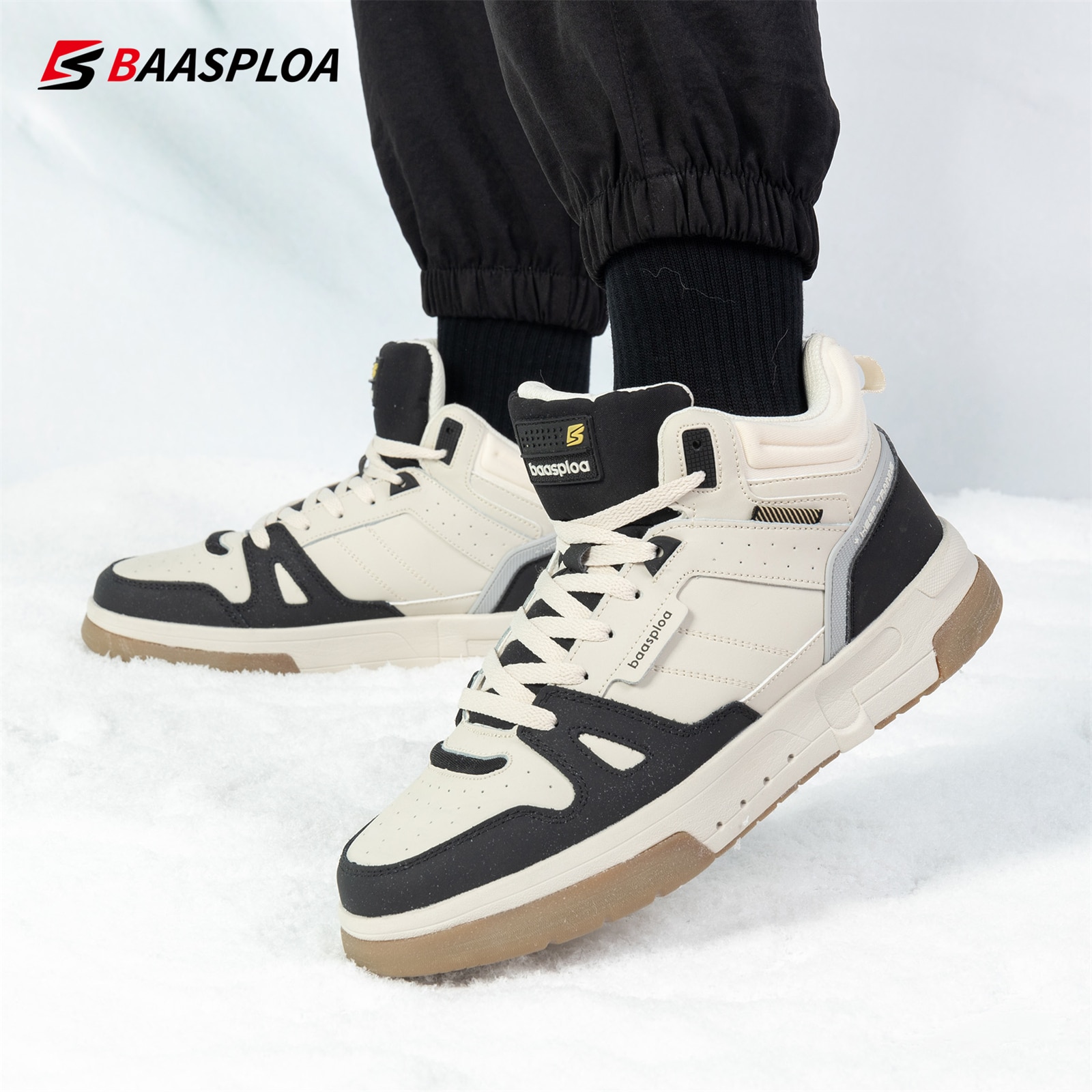 Baasploa Men Winter Sneakers Casual Skateboard Shoes for Men Waterproof Plush Warm Cotton Shoes