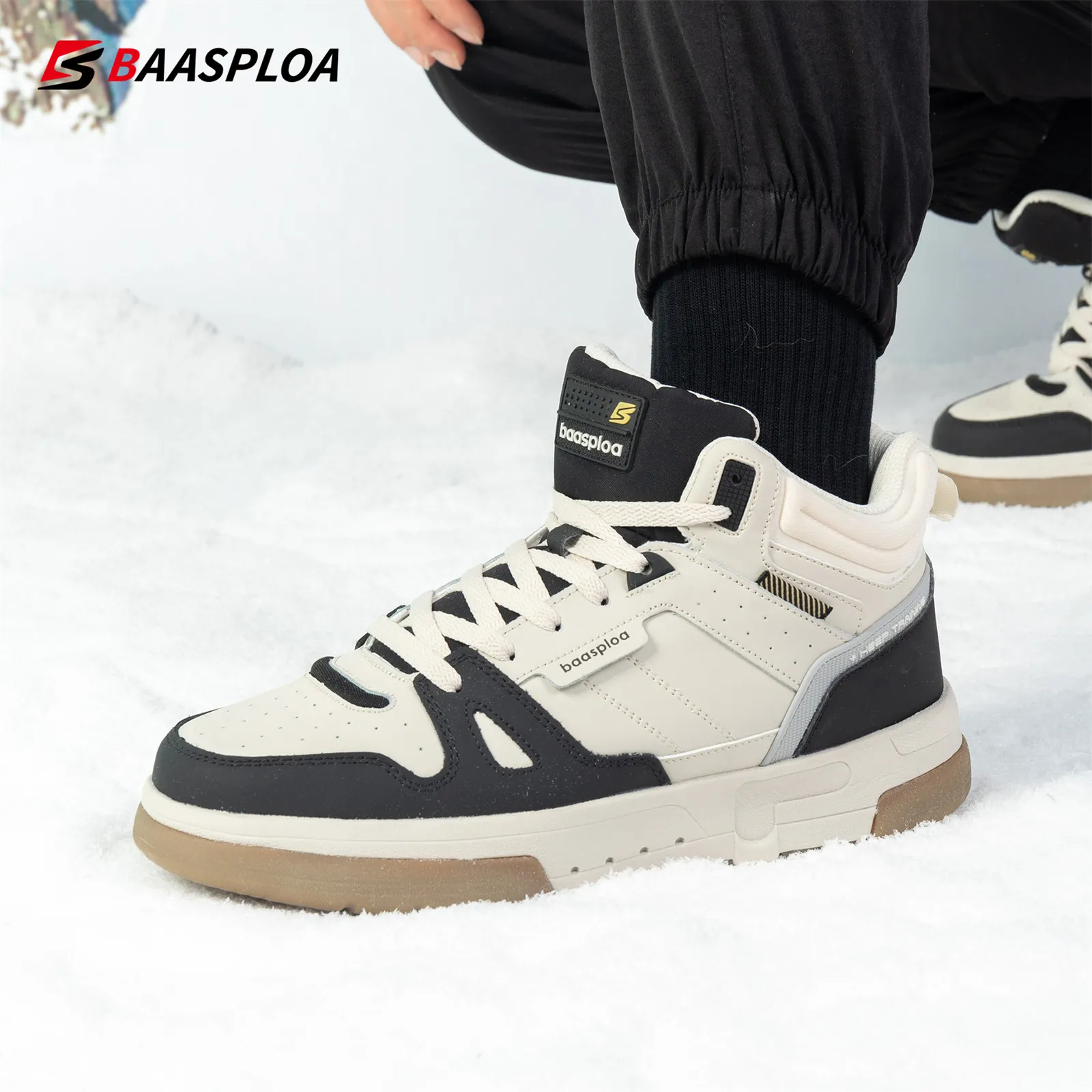 Baasploa Men Winter Sneakers Casual Skateboard Shoes for Men Waterproof Plush Warm Cotton Shoes