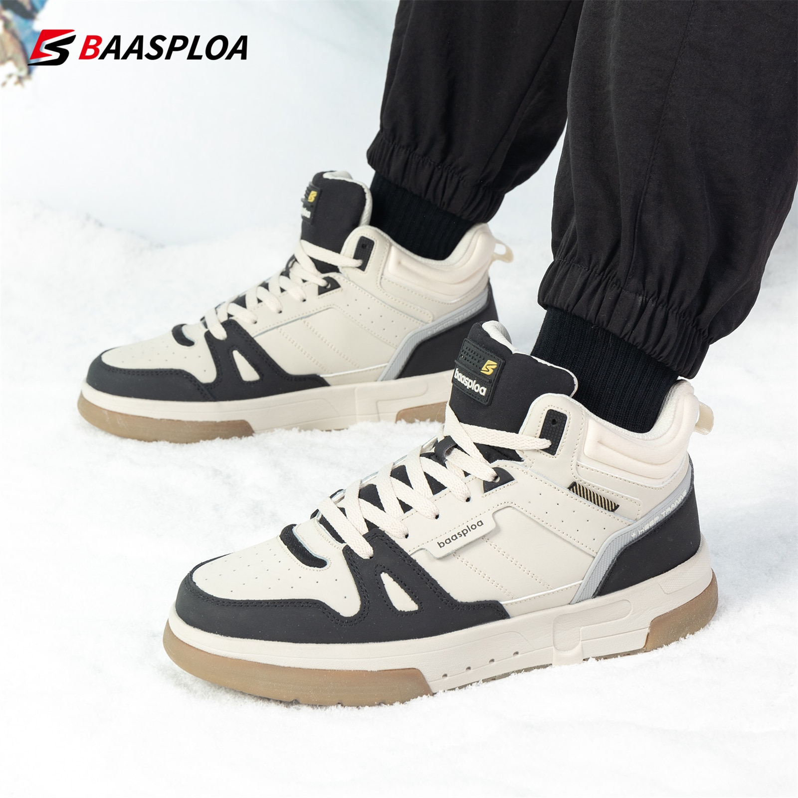 Baasploa Men Winter Sneakers Casual Skateboard Shoes for Men Waterproof Plush Warm Cotton Shoes