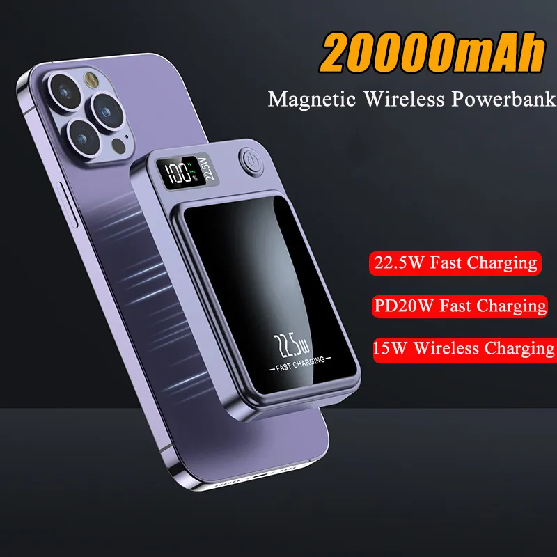 New 20000mAh Magnetic Wireless Charger PowerBank 22.5W Fast Charging For iPhone 14 13 12 Samsung Xiaomi Mini Portable Powerbank