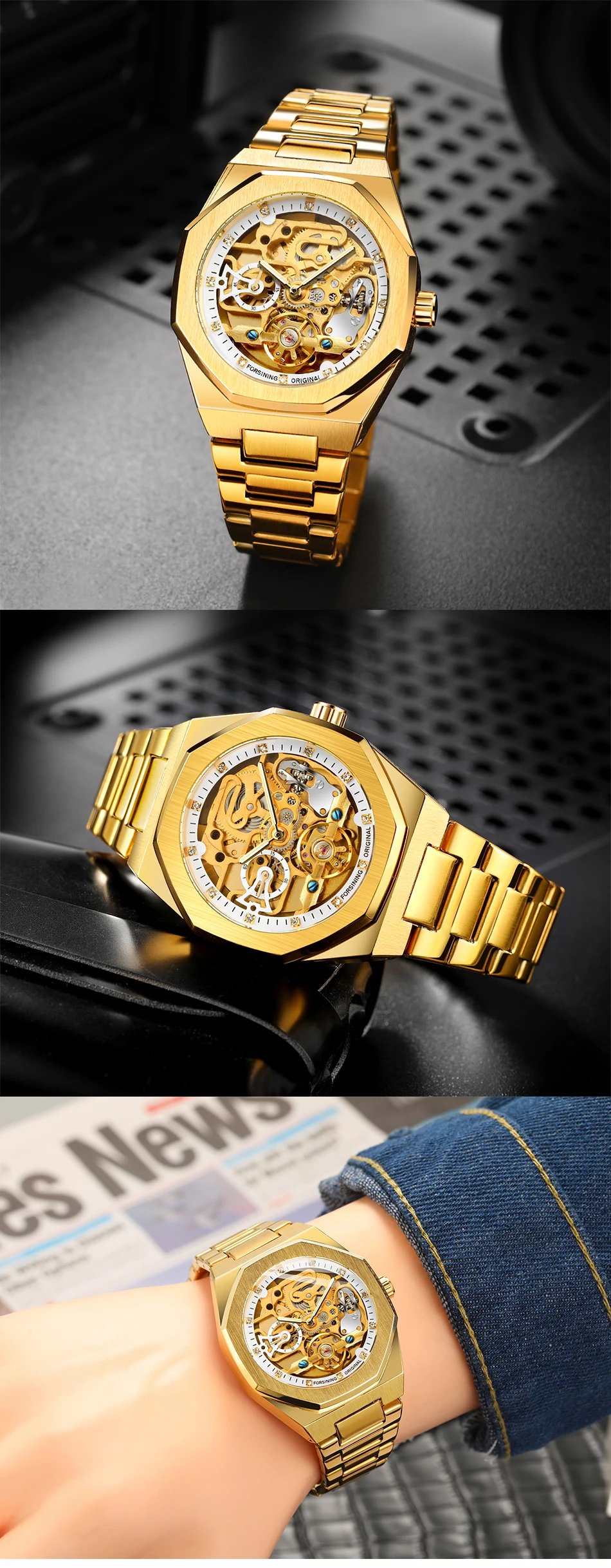 Forsining Fashion Silver Mens Watches Top Brand Luxury Automatic Mechanical Stainless Steel Fashion Business Skeleton Wristwatch