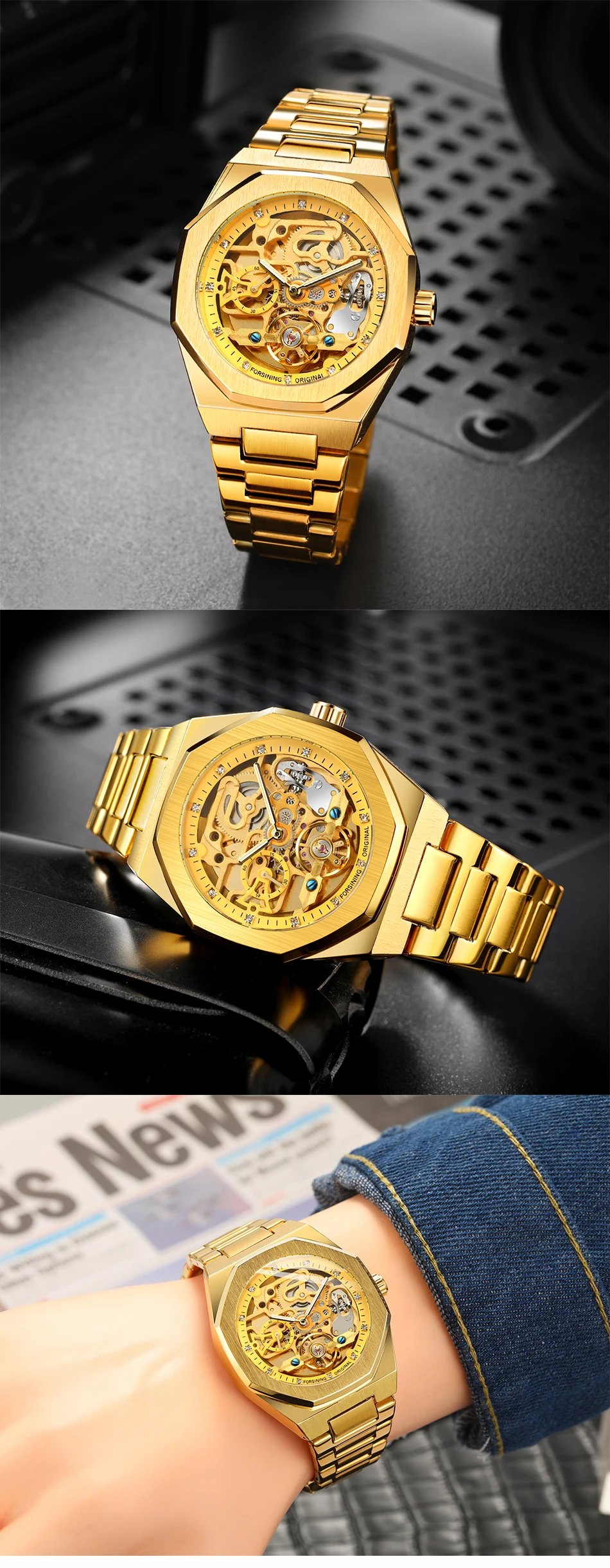 Forsining Fashion Silver Mens Watches Top Brand Luxury Automatic Mechanical Stainless Steel Fashion Business Skeleton Wristwatch
