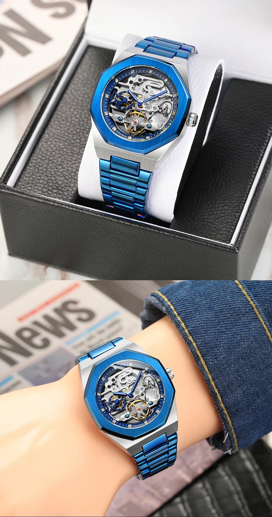 Forsining Fashion Silver Mens Watches Top Brand Luxury Automatic Mechanical Stainless Steel Fashion Business Skeleton Wristwatch