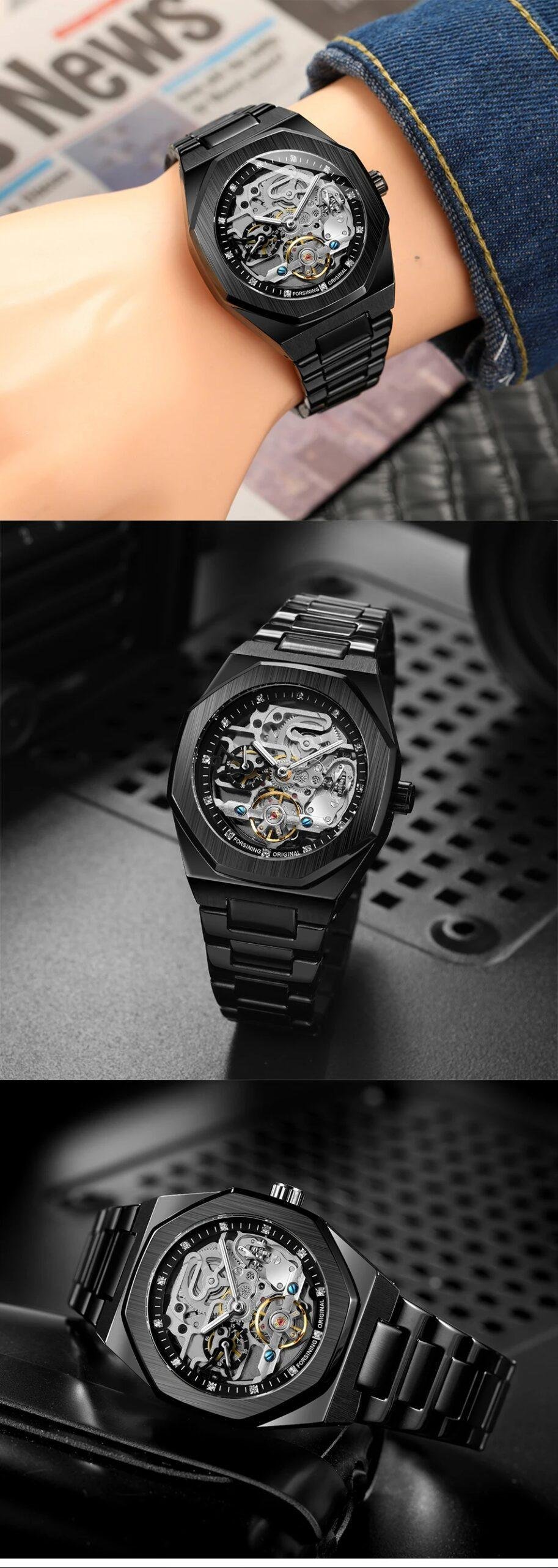 Forsining Fashion Silver Mens Watches Top Brand Luxury Automatic Mechanical Stainless Steel Fashion Business Skeleton Wristwatch