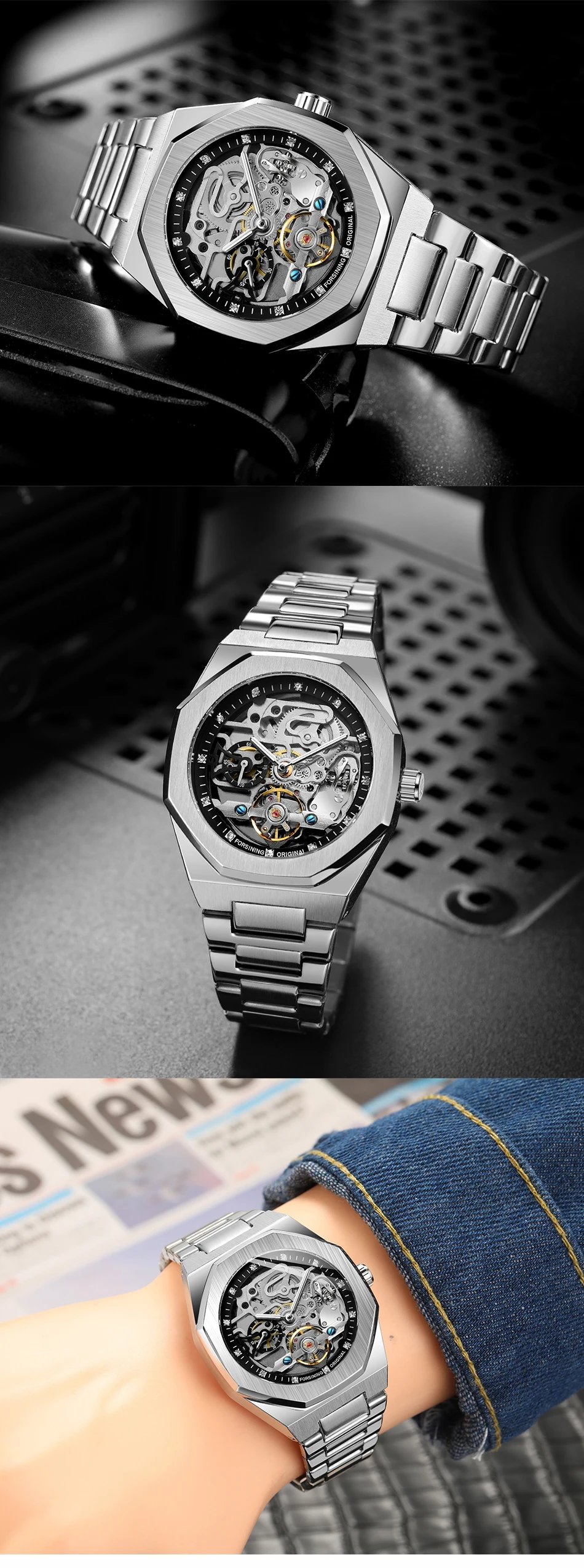 Forsining Fashion Silver Mens Watches Top Brand Luxury Automatic Mechanical Stainless Steel Fashion Business Skeleton Wristwatch