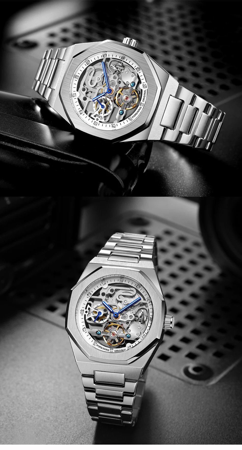 Forsining Fashion Silver Mens Watches Top Brand Luxury Automatic Mechanical Stainless Steel Fashion Business Skeleton Wristwatch