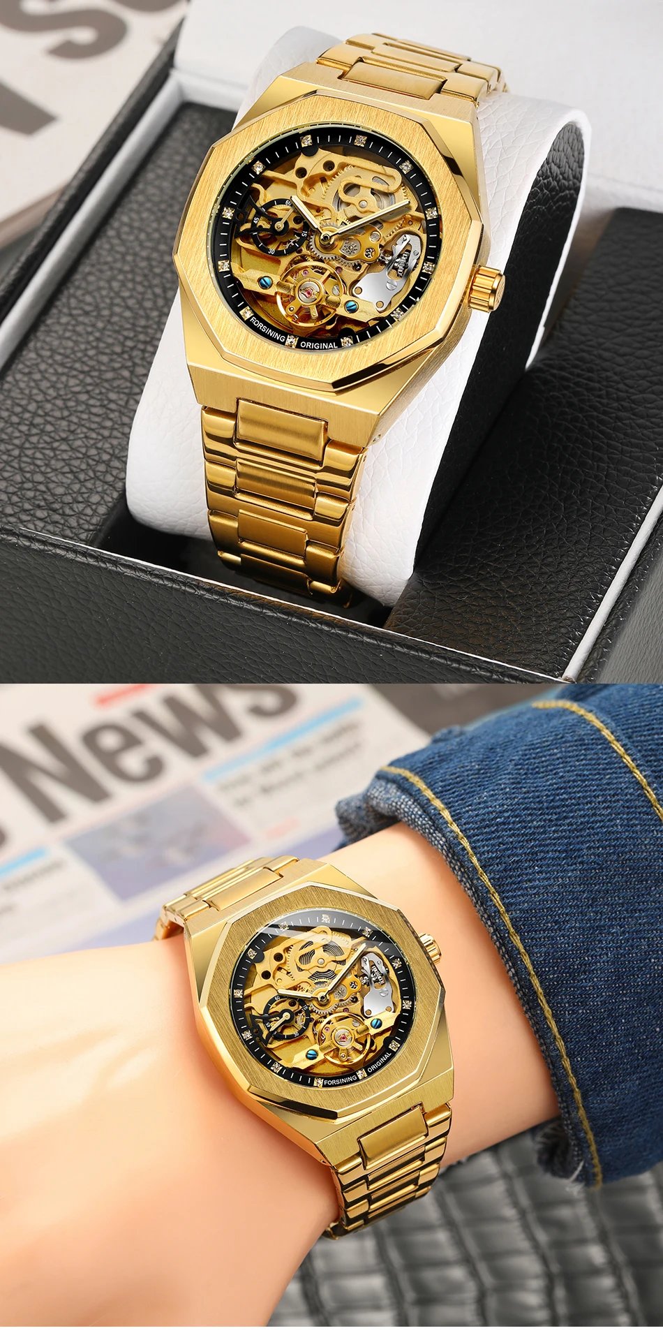 Forsining Fashion Silver Mens Watches Top Brand Luxury Automatic Mechanical Stainless Steel Fashion Business Skeleton Wristwatch