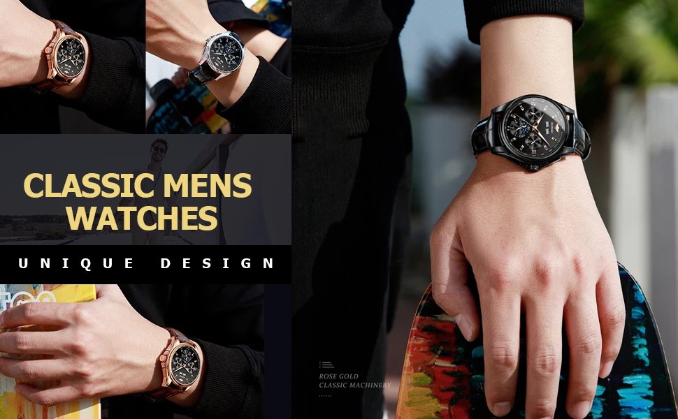 OUPINKE Men's Watches Luxury Automatic Mechanical Wirstwatch Moon Phase Sapphire Multifunctional Watch for Man Leather Bracelet