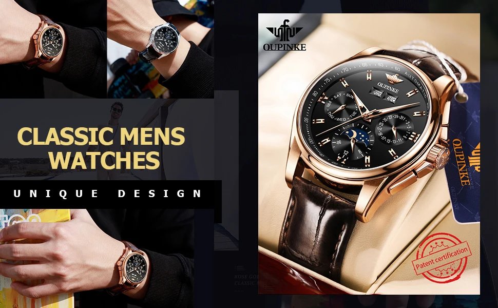 OUPINKE Men's Watches Luxury Automatic Mechanical Wirstwatch Moon Phase Sapphire Multifunctional Watch for Man Leather Bracelet