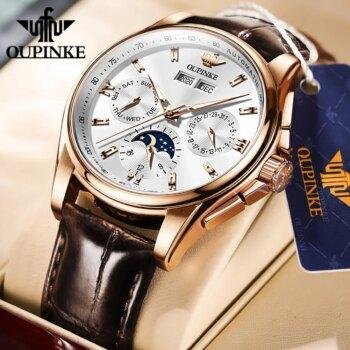 Luxury Automatic Mechanical Wirstwatch Moon  Multifunctional Watch for Man with  Leather Bracelet