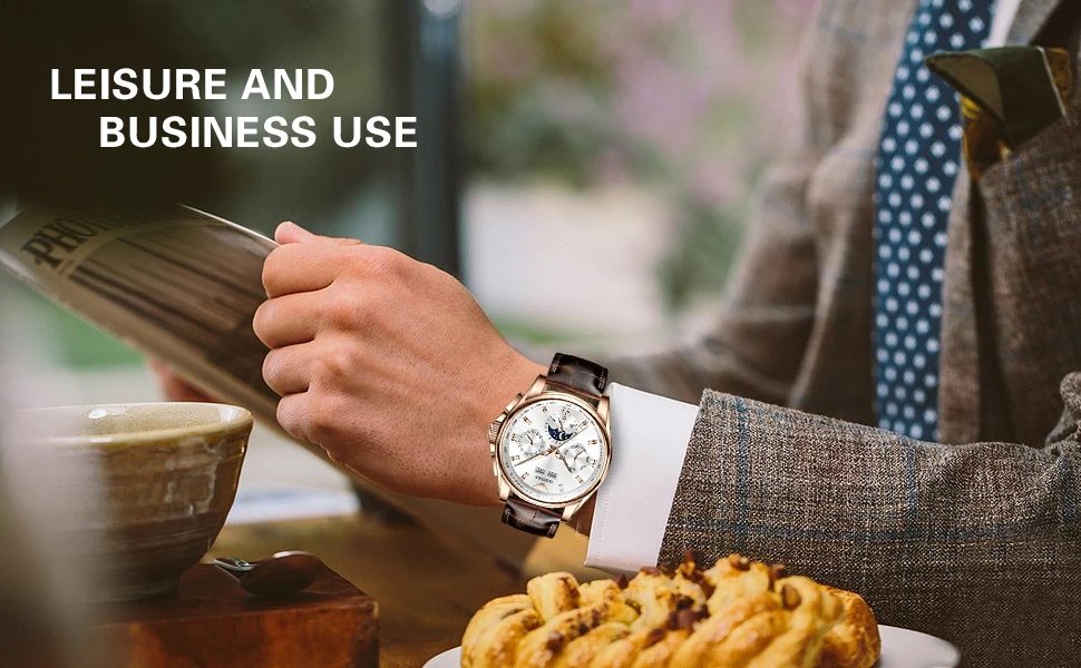 OUPINKE Men's Watches Luxury Automatic Mechanical Wirstwatch Moon Phase Sapphire Multifunctional Watch for Man Leather Bracelet
