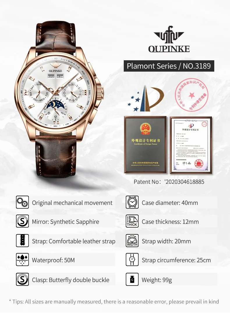 OUPINKE Men's Watches Luxury Automatic Mechanical Wirstwatch Moon Phase Sapphire Multifunctional Watch for Man Leather Bracelet