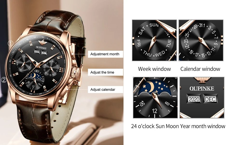 OUPINKE Men's Watches Luxury Automatic Mechanical Wirstwatch Moon Phase Sapphire Multifunctional Watch for Man Leather Bracelet