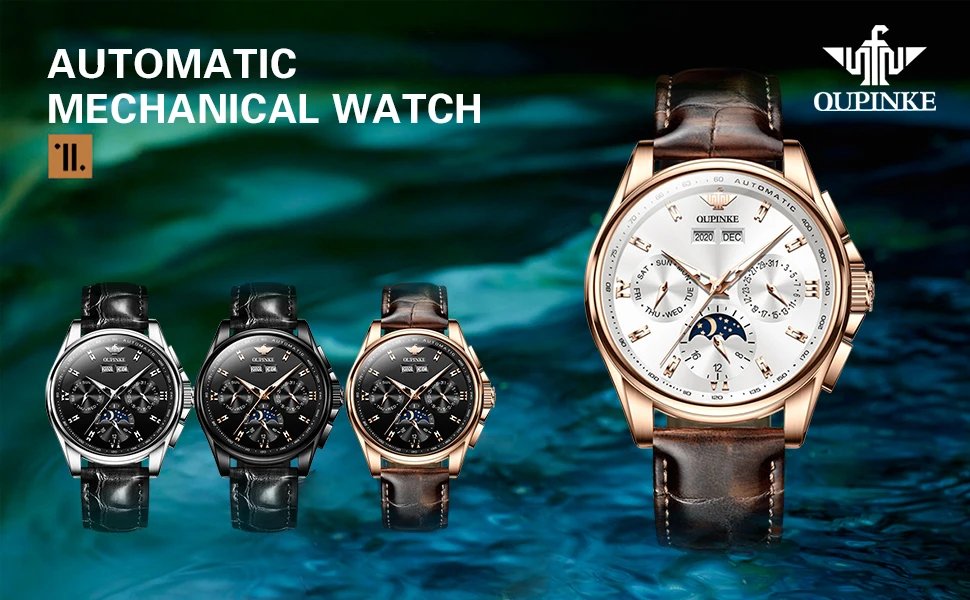 OUPINKE Men's Watches Luxury Automatic Mechanical Wirstwatch Moon Phase Sapphire Multifunctional Watch for Man Leather Bracelet
