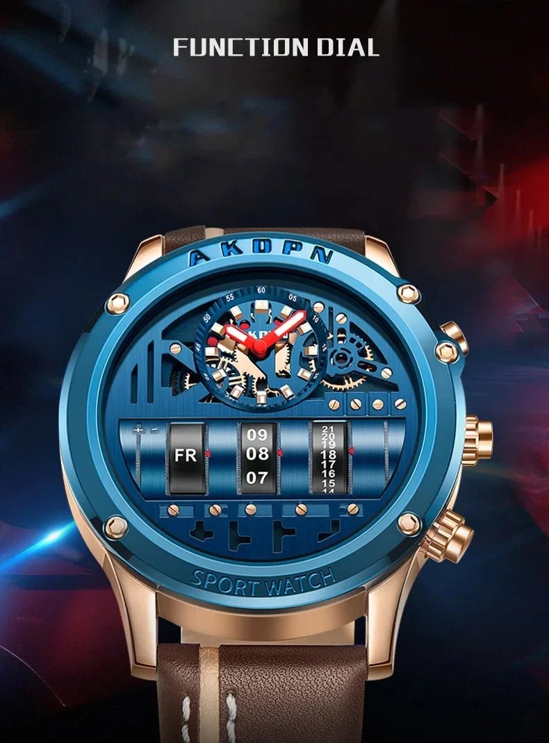 Business Casual watch for men Creative Men WristWatch Unique Rotate Date Leather Strap Quartz Watch Male Military Sport Clock