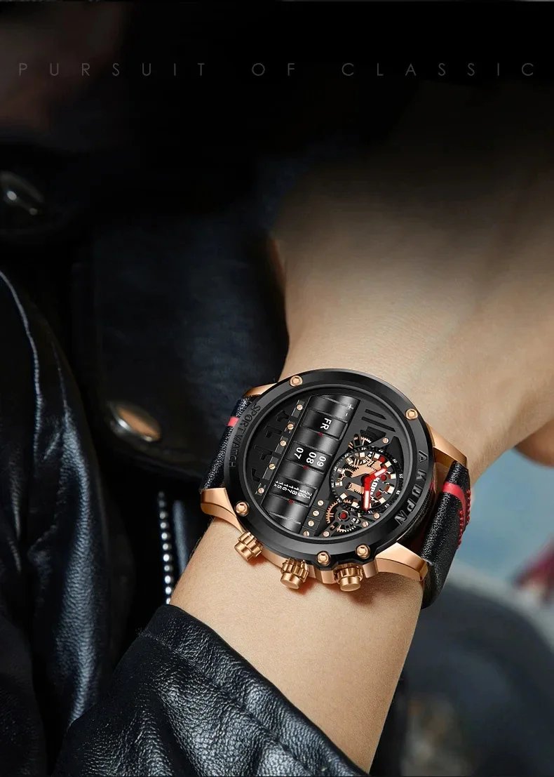 Business Casual watch for men Creative Men WristWatch Unique Rotate Date Leather Strap Quartz Watch Male Military Sport Clock