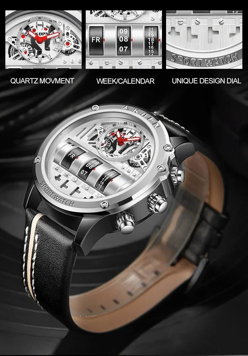Business Casual watch for men Creative Men WristWatch Unique Rotate Date Leather Strap Quartz Watch Male Military Sport Clock