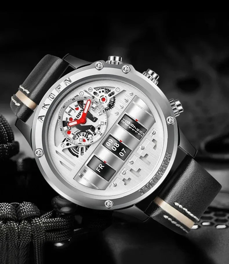 Business Casual watch for men Creative Men WristWatch Unique Rotate Date Leather Strap Quartz Watch Male Military Sport Clock
