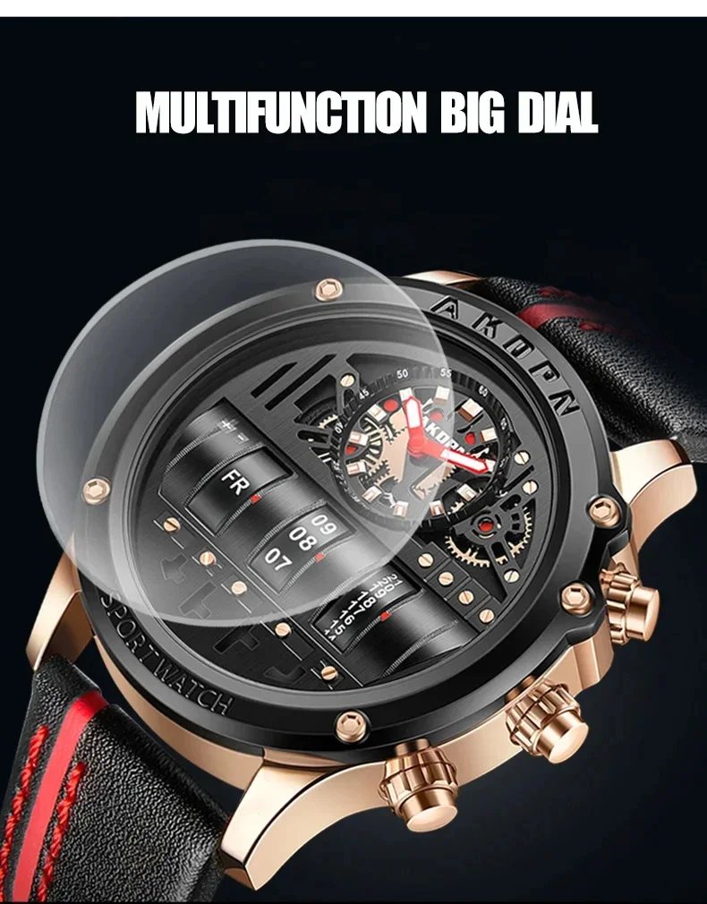 Business Casual watch for men Creative Men WristWatch Unique Rotate Date Leather Strap Quartz Watch Male Military Sport Clock