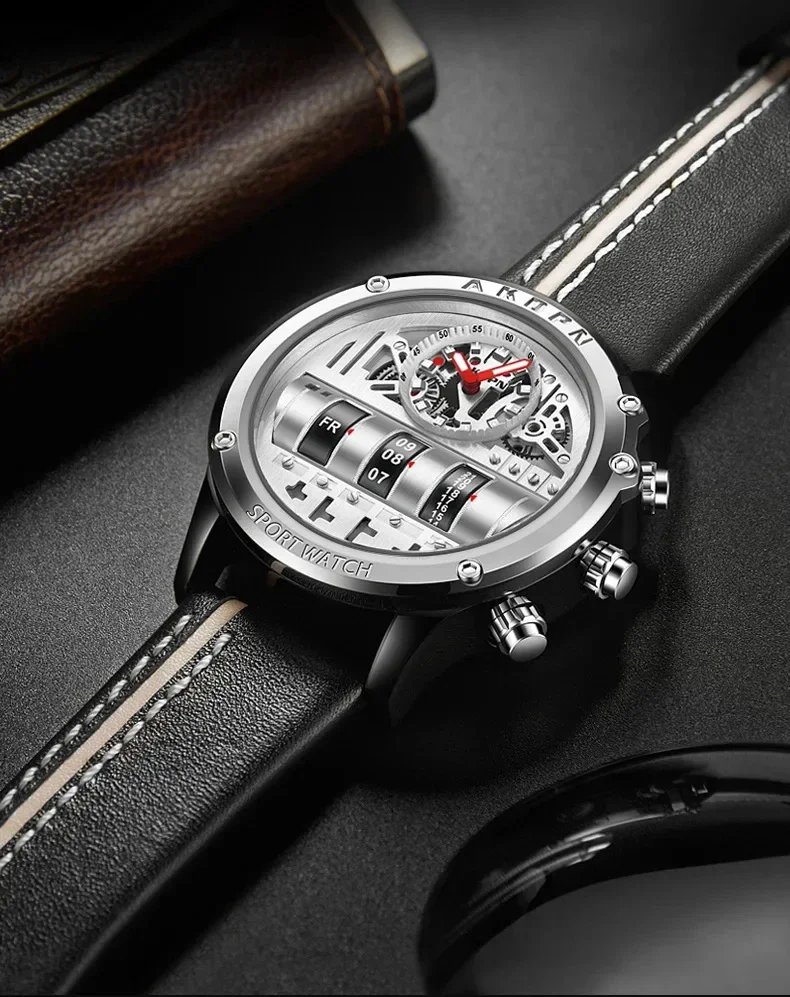 Business Casual watch for men Creative Men WristWatch Unique Rotate Date Leather Strap Quartz Watch Male Military Sport Clock