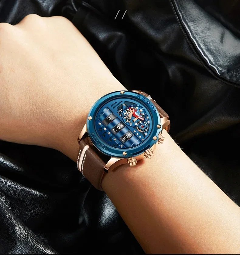Business Casual watch for men Creative Men WristWatch Unique Rotate Date Leather Strap Quartz Watch Male Military Sport Clock