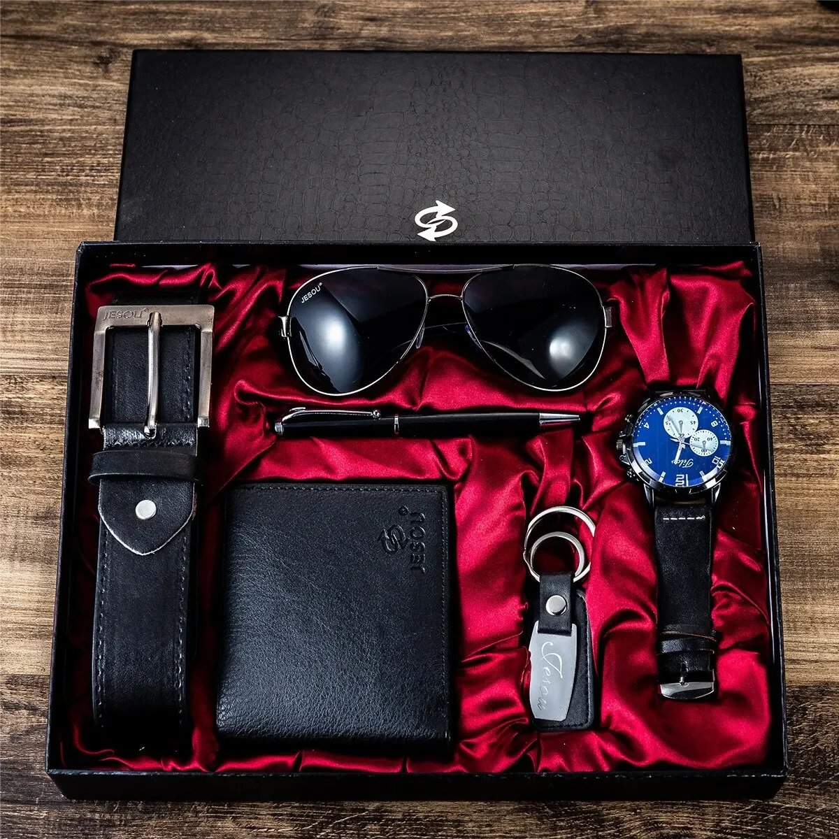 2024 New Gift Business Luxury Company Mens Set 6 in 1 Watch Glasses Pen Keychain Belt Purse Welcome Holiday Birthday
