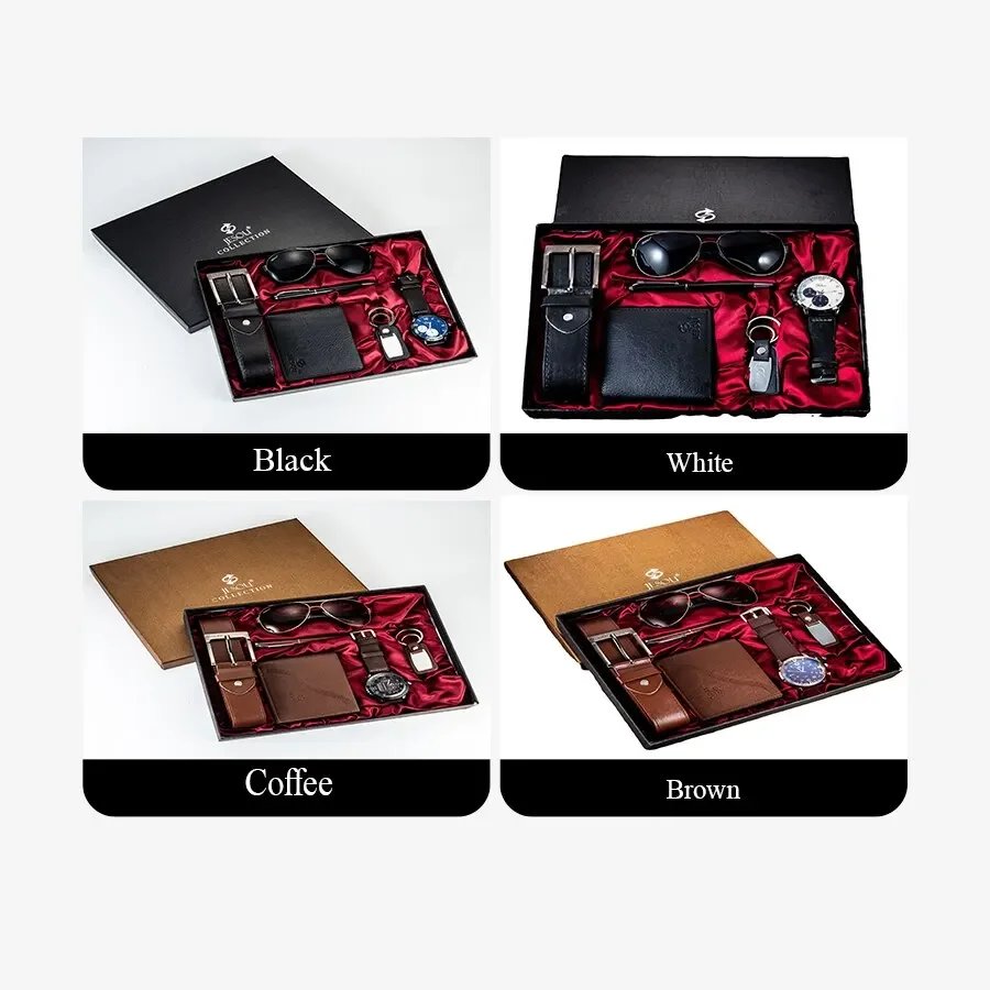 2024 New Gift Business Luxury Company Mens Set 6 in 1 Watch Glasses Pen Keychain Belt Purse Welcome Holiday Birthday