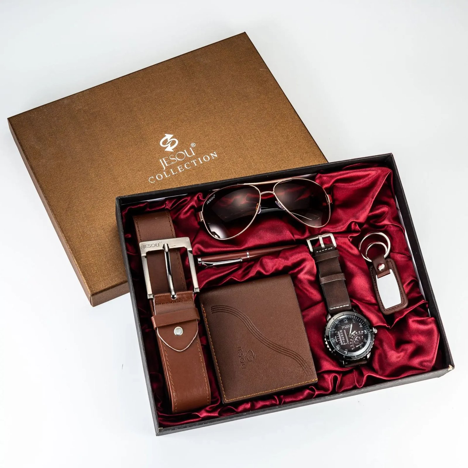 2024 New Gift Business Luxury Company Mens Set 6 in 1 Watch Glasses Pen Keychain Belt Purse Welcome Holiday Birthday