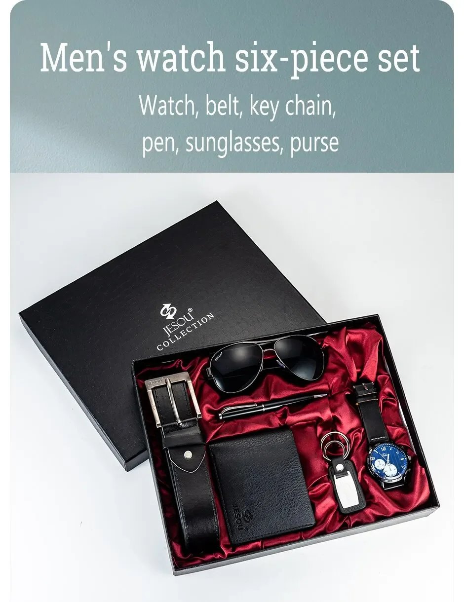 2024 New Gift Business Luxury Company Mens Set 6 in 1 Watch Glasses Pen Keychain Belt Purse Welcome Holiday Birthday