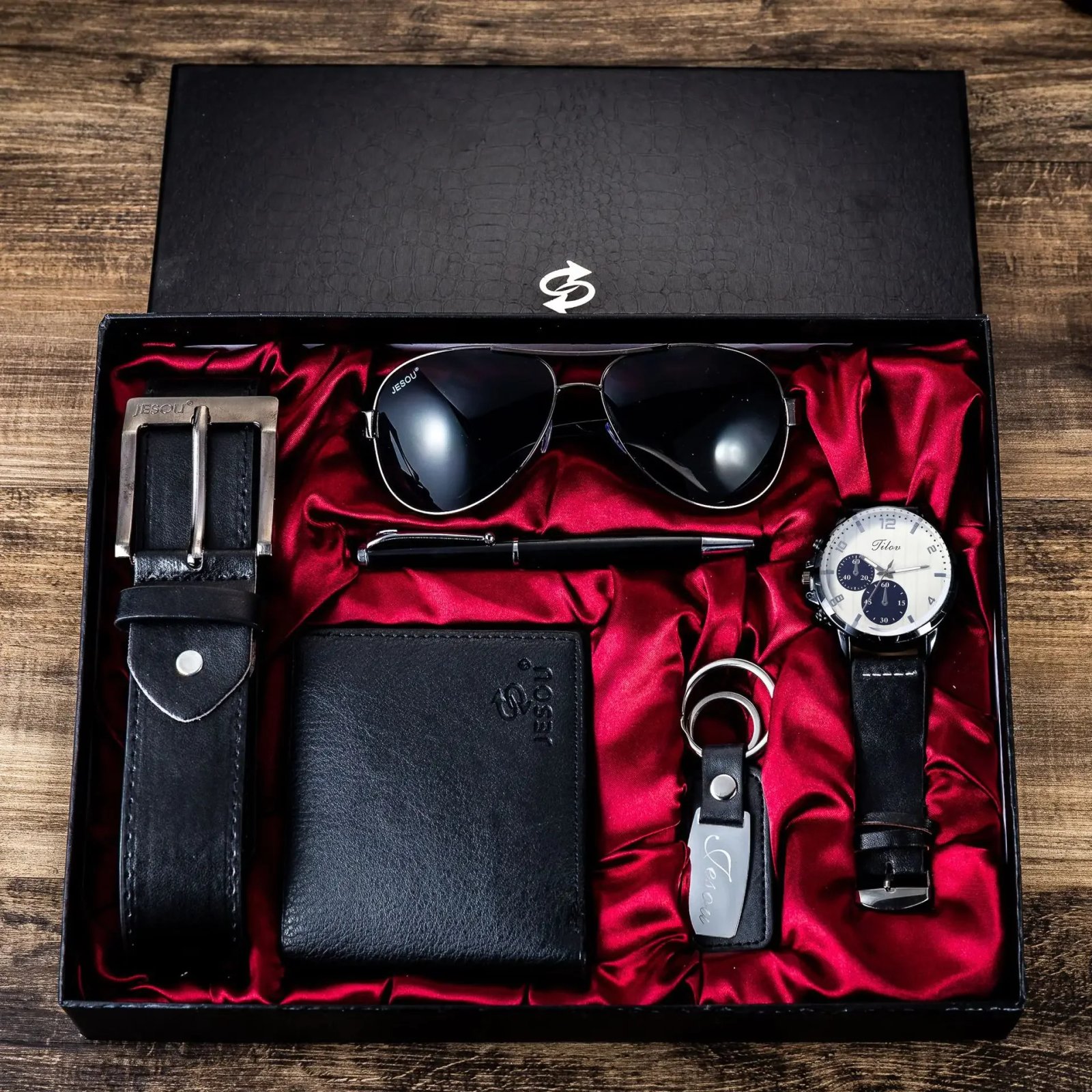2024 New Gift Business Luxury Company Mens Set 6 in 1 Watch Glasses Pen Keychain Belt Purse Welcome Holiday Birthday