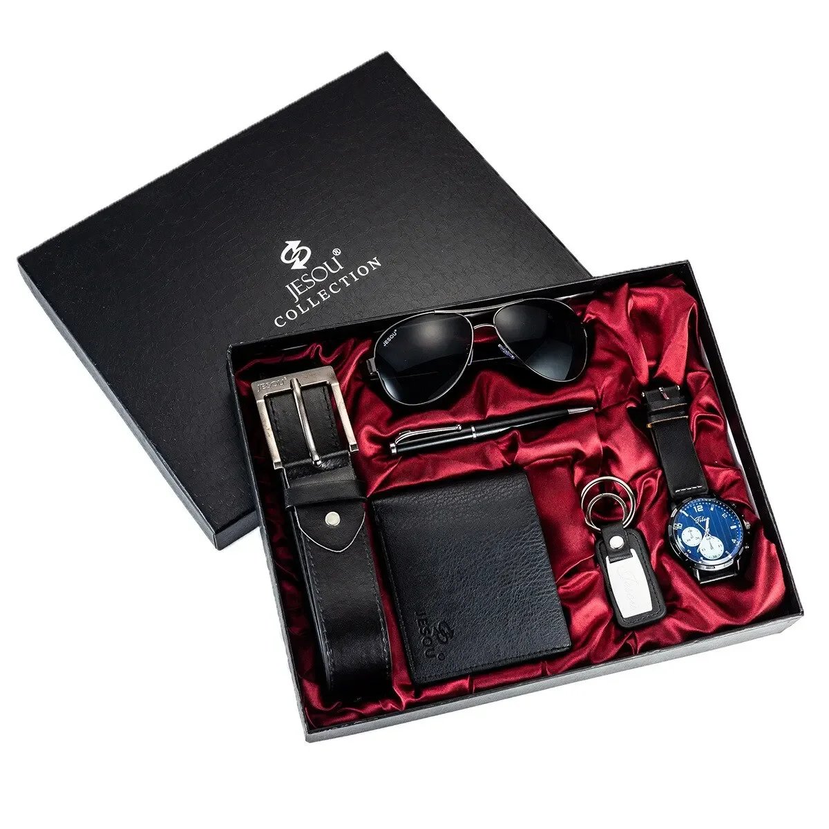 2024 New Gift Business Luxury Company Mens Set 6 in 1 Watch Glasses Pen Keychain Belt Purse Welcome Holiday Birthday