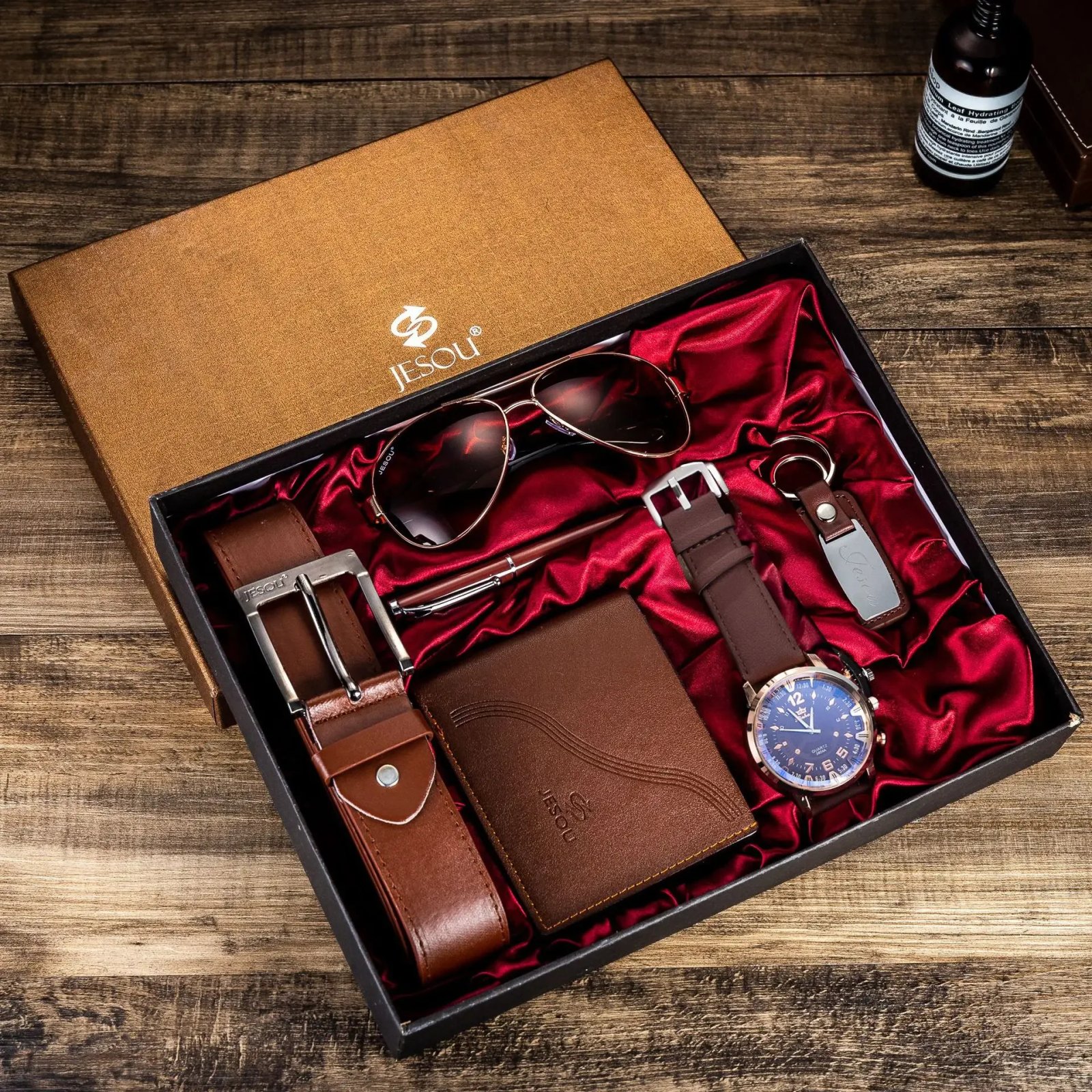 2024 New Gift Business Luxury Company Mens Set 6 in 1 Watch Glasses Pen Keychain Belt Purse Welcome Holiday Birthday