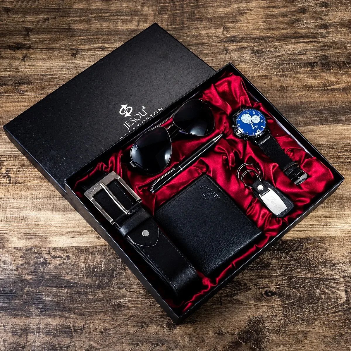 2024 New Gift Business Luxury Company Mens Set 6 in 1 Watch Glasses Pen Keychain Belt Purse Welcome Holiday Birthday