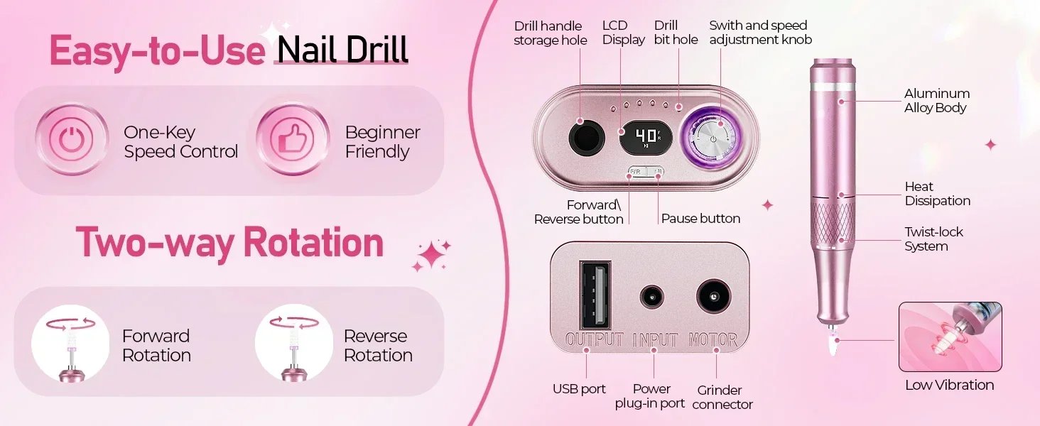 Electric Nail Drill Professional 40000RPM Electric Nail File Kit Nail Drill Machine with LCD Display for Acrylic Gel