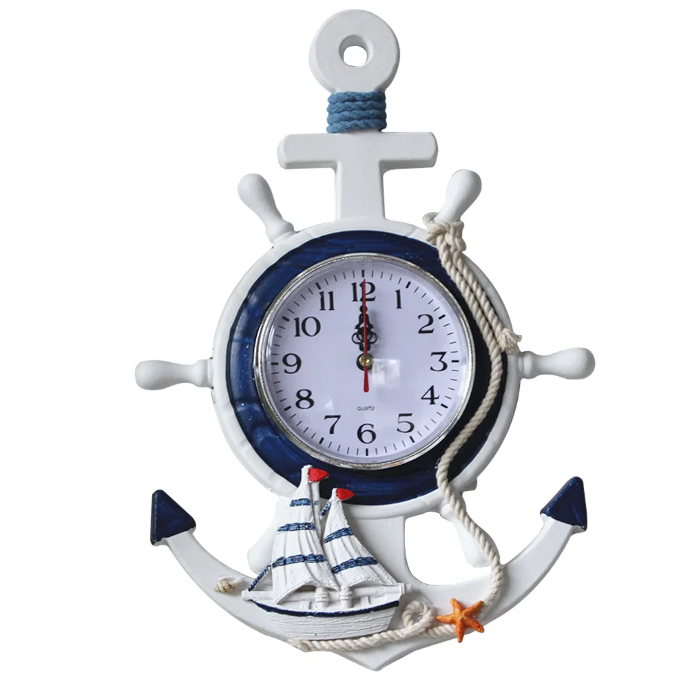 Clock Wall Nautical Anchor Decor Wheel Clocks Mediterranean Beach Style Ship Steering Hanging Silent Boat Ticking Towel