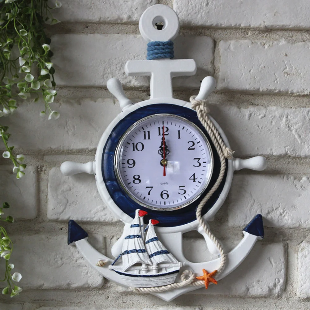 Clock Wall Nautical Anchor Decor Wheel Clocks Mediterranean Beach Style Ship Steering Hanging Silent Boat Ticking Towel