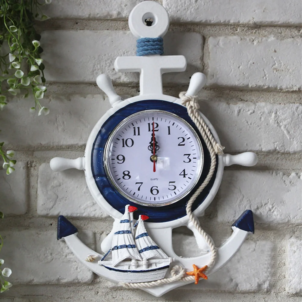 Clock Wall Nautical Anchor Decor Wheel Clocks Mediterranean Beach Style Ship Steering Hanging Silent Boat Ticking Towel