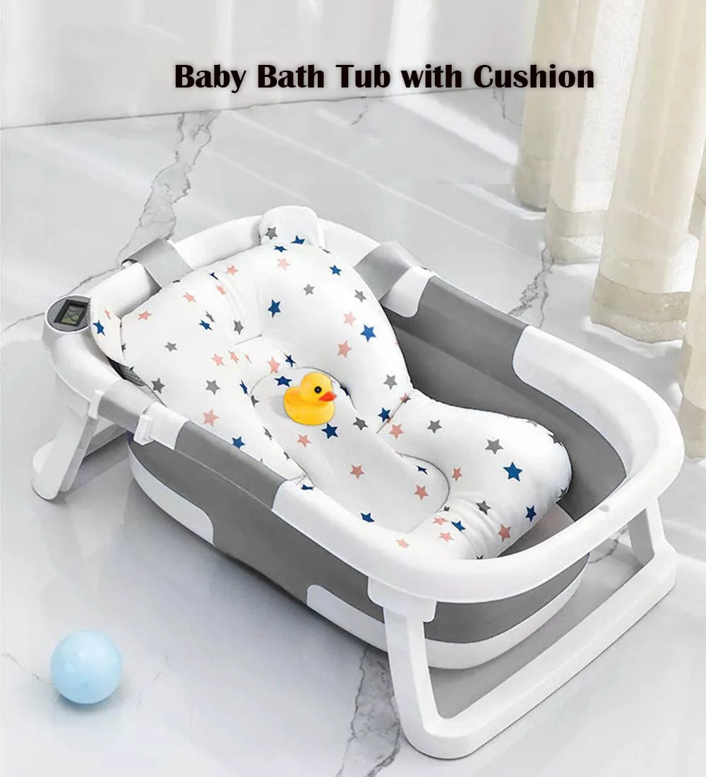 Baby Bath Tub with Bath Cushion Foldable Bathtub with Thermometer Shower Cap Shower Brush for Newborn and Toddler 0-36 Months Baby Bath Tub with Bath Cushion Foldable Bathtub with Thermometer Shower Cap Shower Brush for Newborn and Toddler 0-36 Months