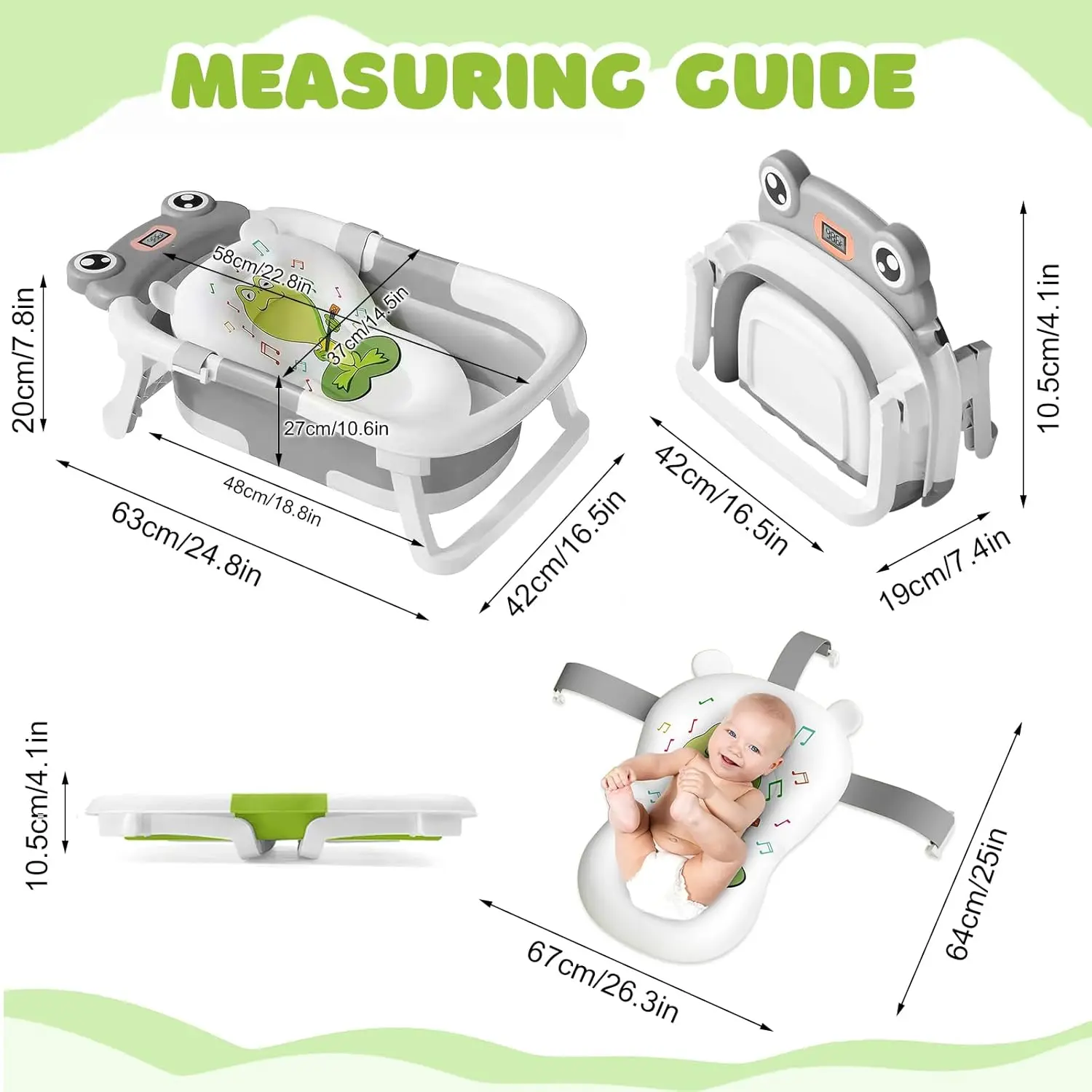 Baby Bath Tub with Bath Cushion Foldable Bathtub with Thermometer Shower Cap Shower Brush for Newborn and Toddler 0-36 Months