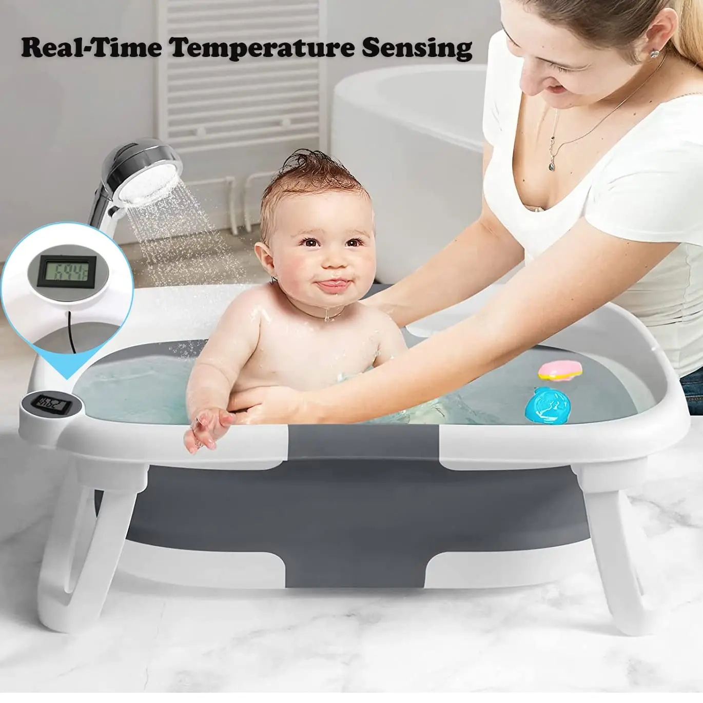 Baby Bath Tub with Bath Cushion Foldable Bathtub with Thermometer Shower Cap Shower Brush for Newborn and Toddler 0-36 Months Baby Bath Tub with Bath Cushion Foldable Bathtub with Thermometer Shower Cap Shower Brush for Newborn and Toddler 0-36 Months